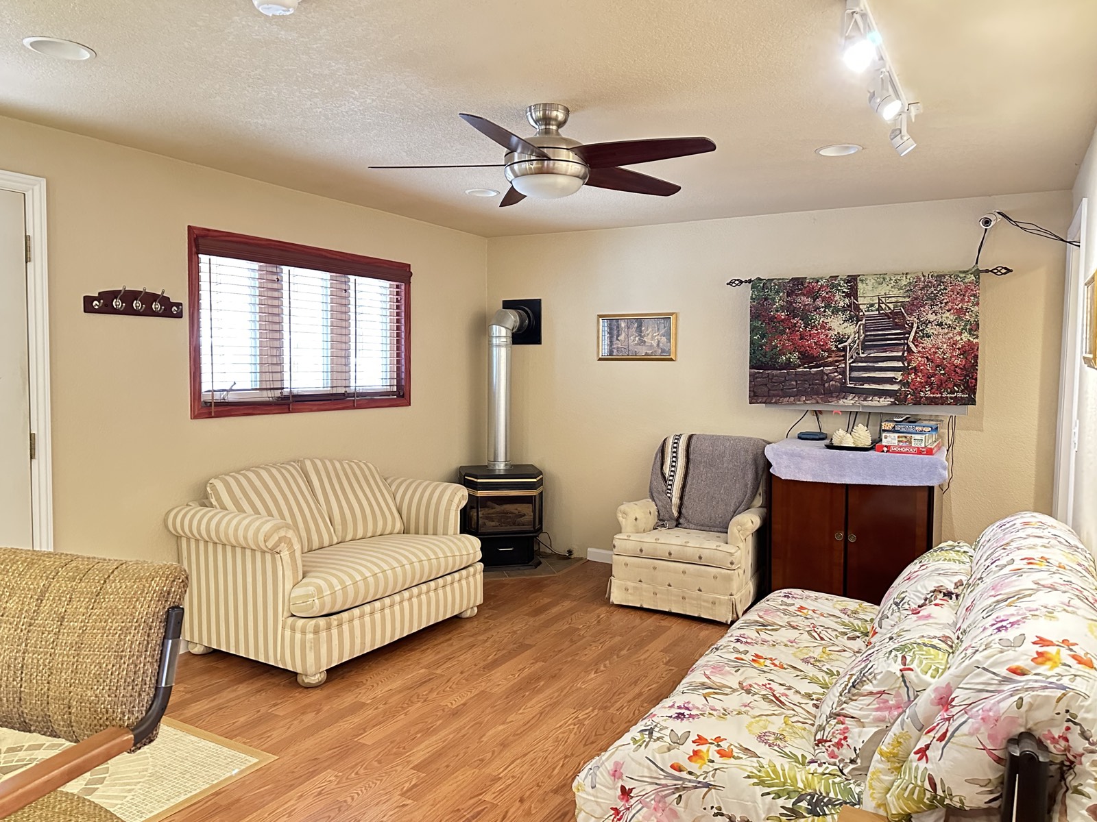 The living room, with a wood stove and seating